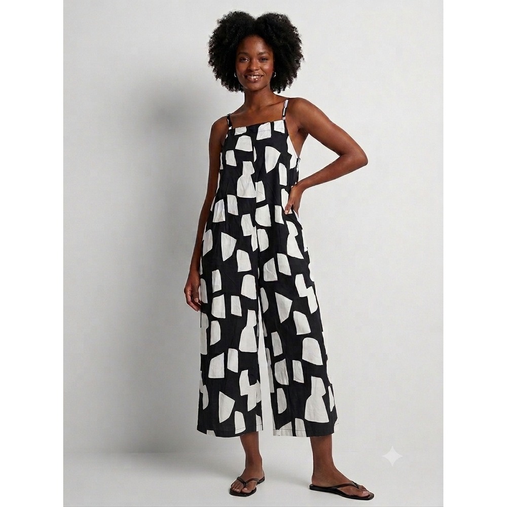 YESNO Women Black White Geometric Abstract Print Wide Leg Jumpsuit PZZCR162L-R L